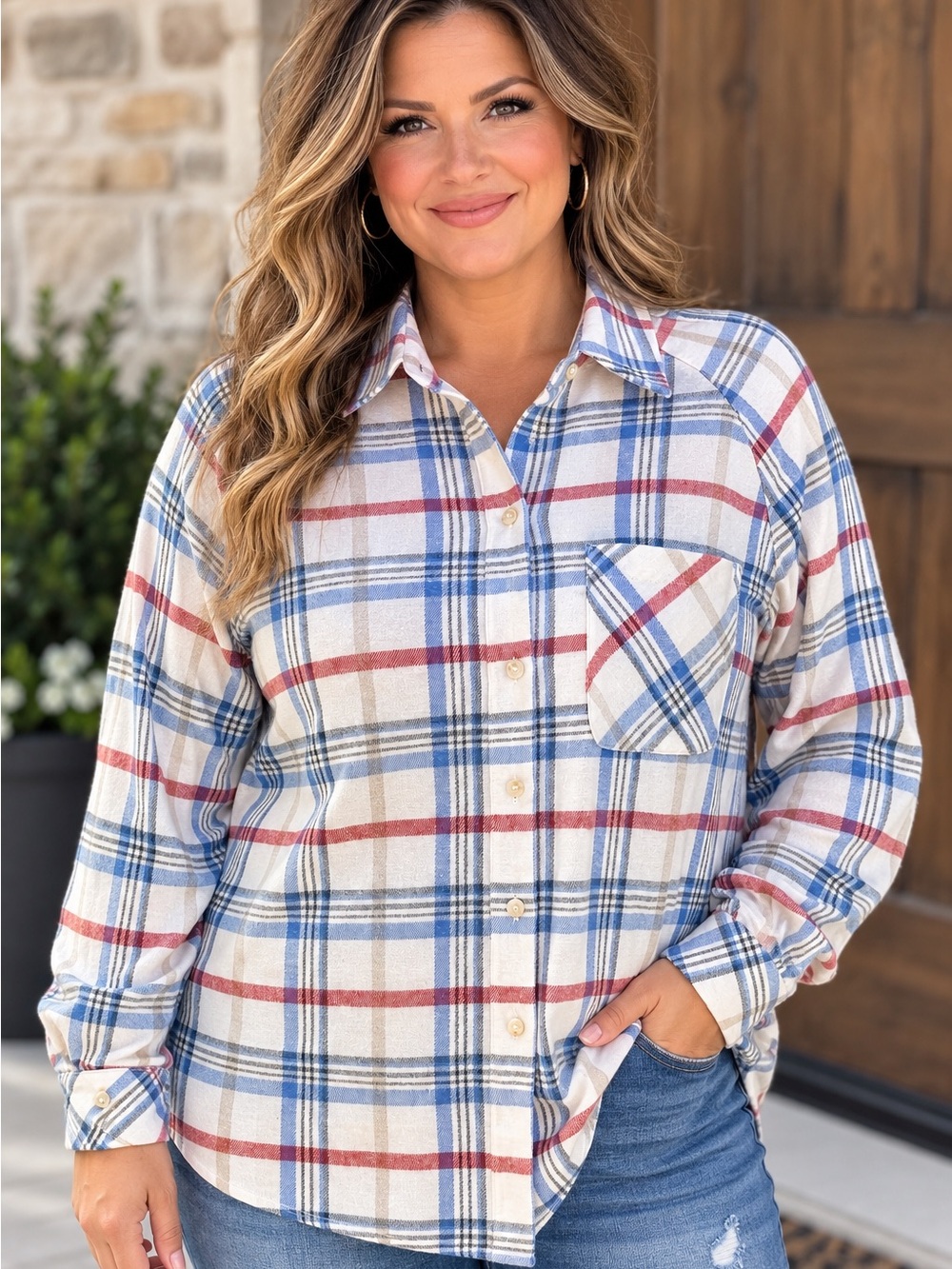 Women's Plaid Button-Down Shirt — Blue & Red